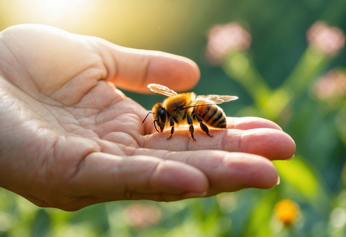 A bee resting gently on a person's outstretched hand outdoors with green foliage in the background.