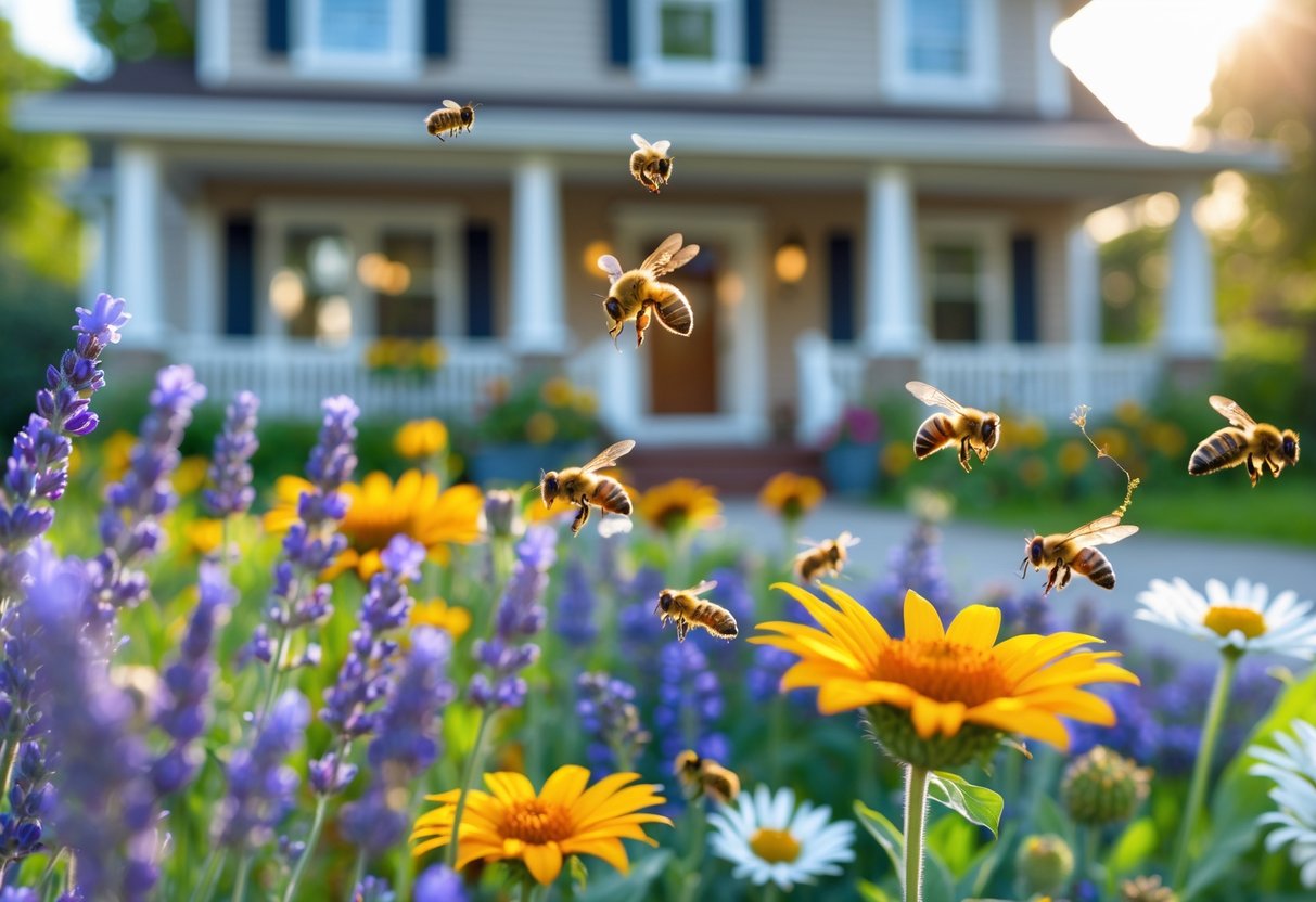 Bees collecting nectar from colorful flowers in a garden outside a house.