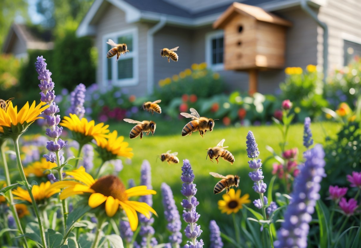A garden around a house with blooming flowers and bees collecting nectar near a wooden bee house.