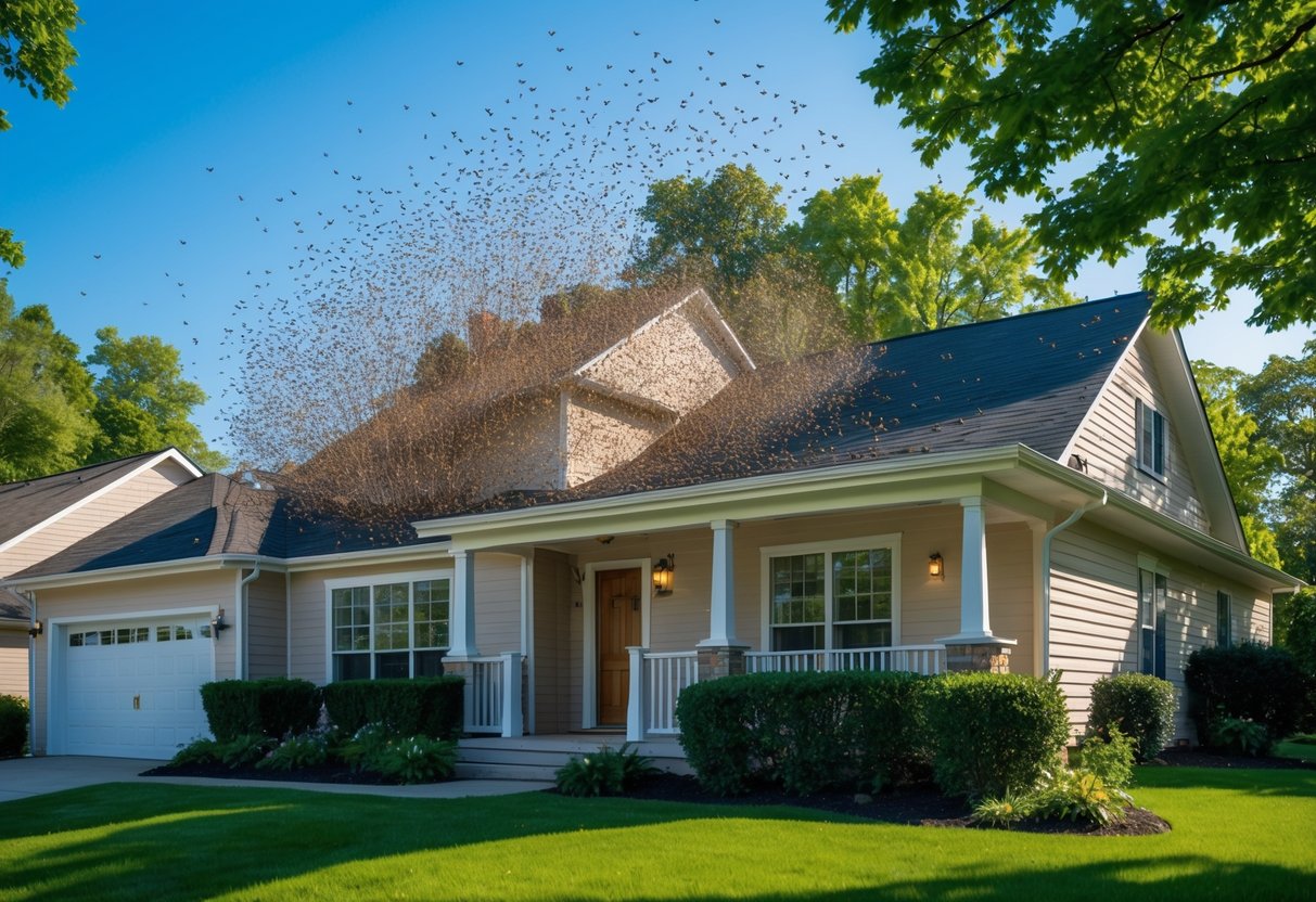 A suburban house with a large swarm of bees flying near the front porch and roof area during the day.