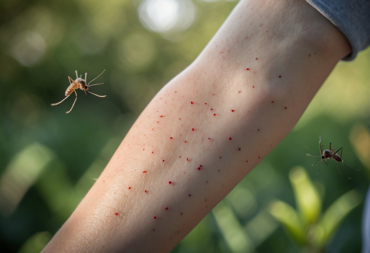 Close-up of a person's arm with red insect bites and blurred mosquitoes nearby in a green outdoor setting.