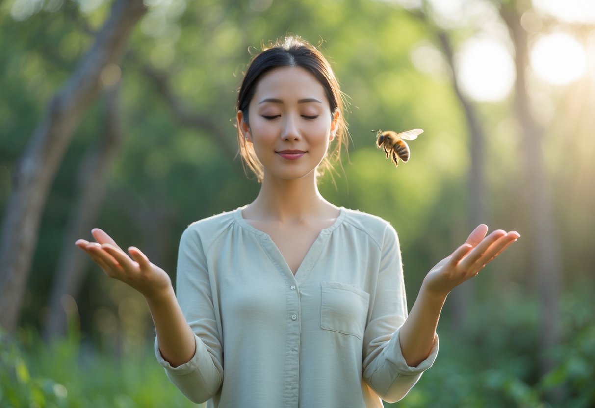 A person standing calmly outdoors with a bee flying near their face.