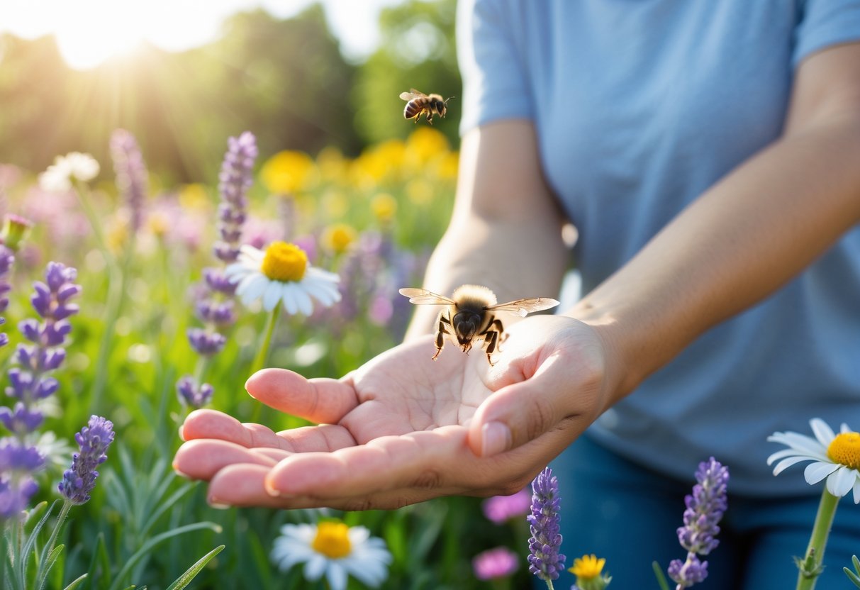 A person outdoors near flowers with a bee flying close to their raised hand.