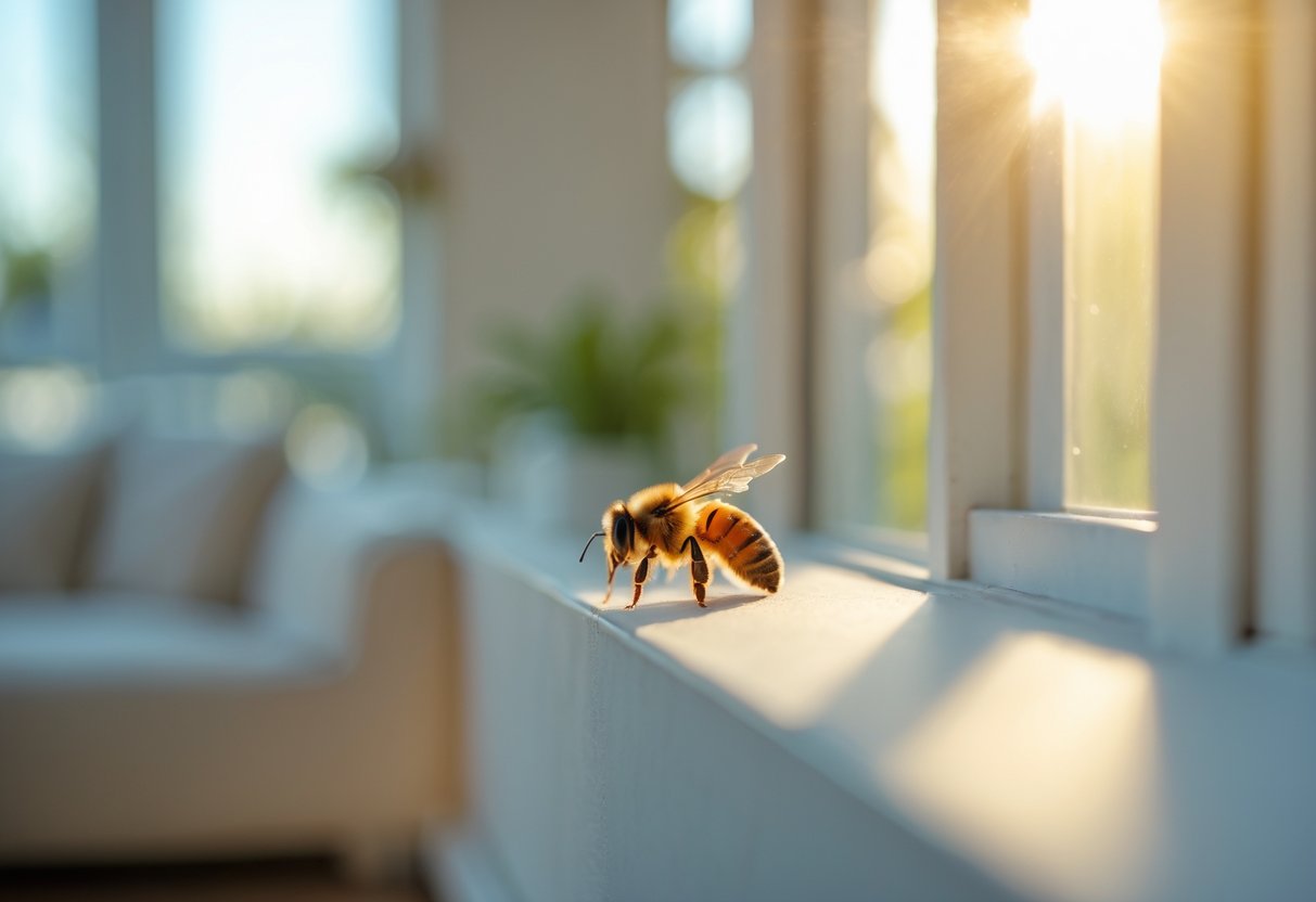A bee resting on the edge of a window inside a sunlit room.