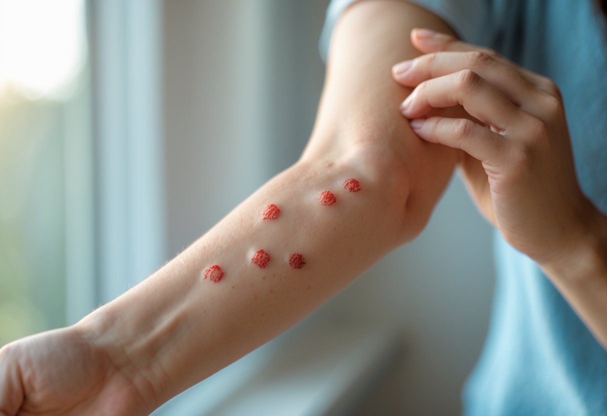 A person closely examining insect bites on their forearm with a concerned expression.