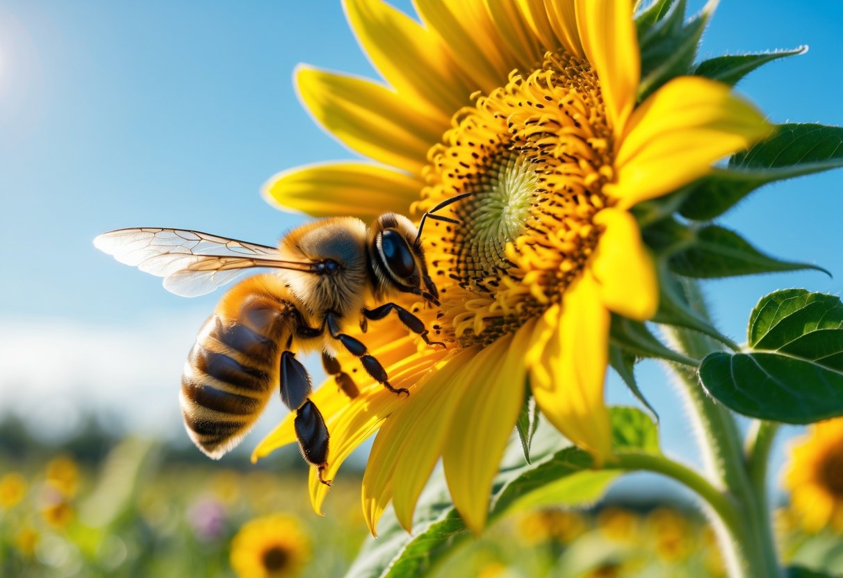 A honeybee collecting pollen on a yellow sunflower in a sunny flower meadow.