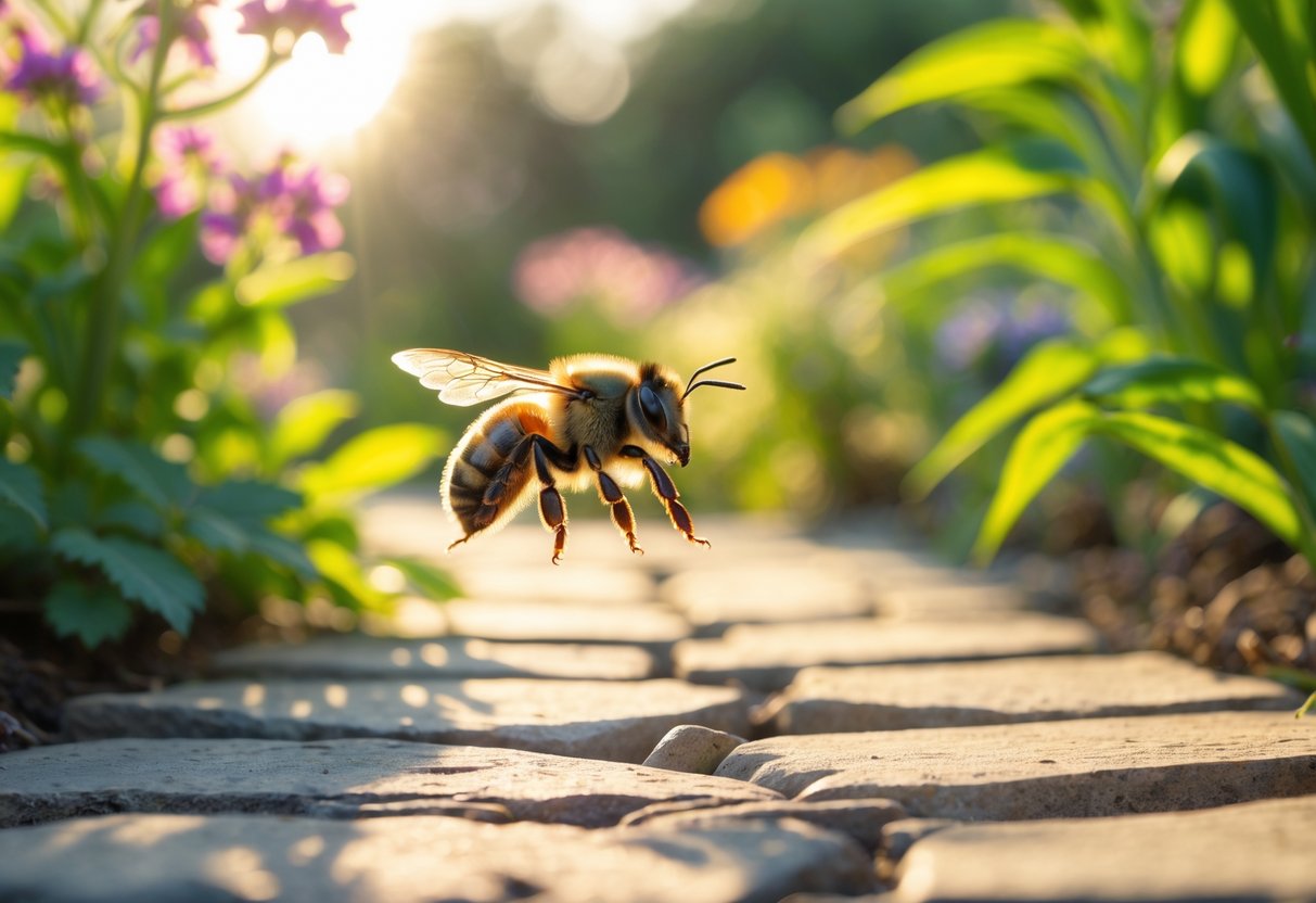 A bee flying over a sunlit garden path with green plants and flowers in the background.