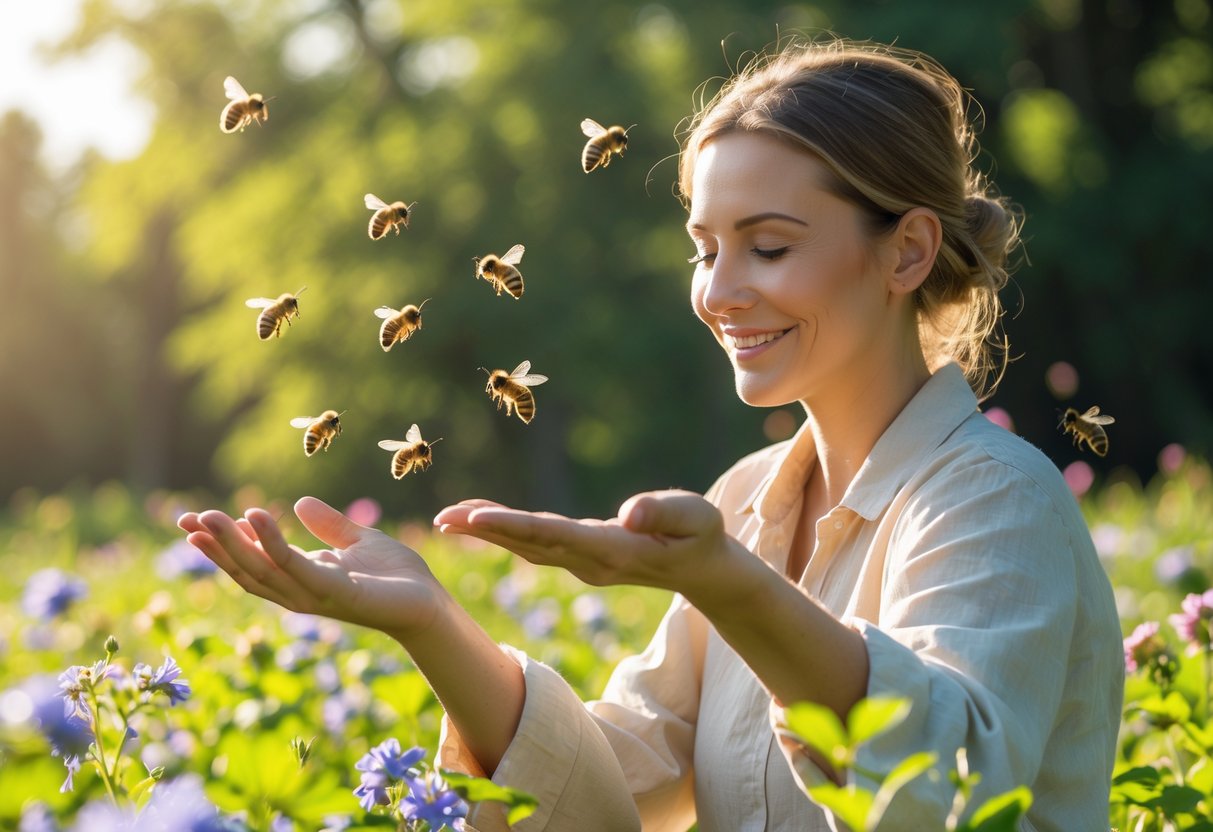 A person outdoors with bees hovering around their hand and nearby flowers in a sunlit garden.
