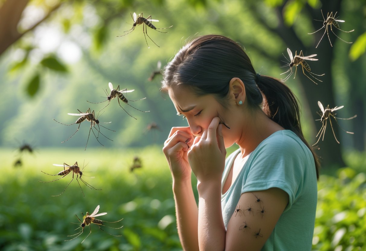 Person outdoors scratching mosquito bites on their arms with mosquitoes flying nearby in a green park.