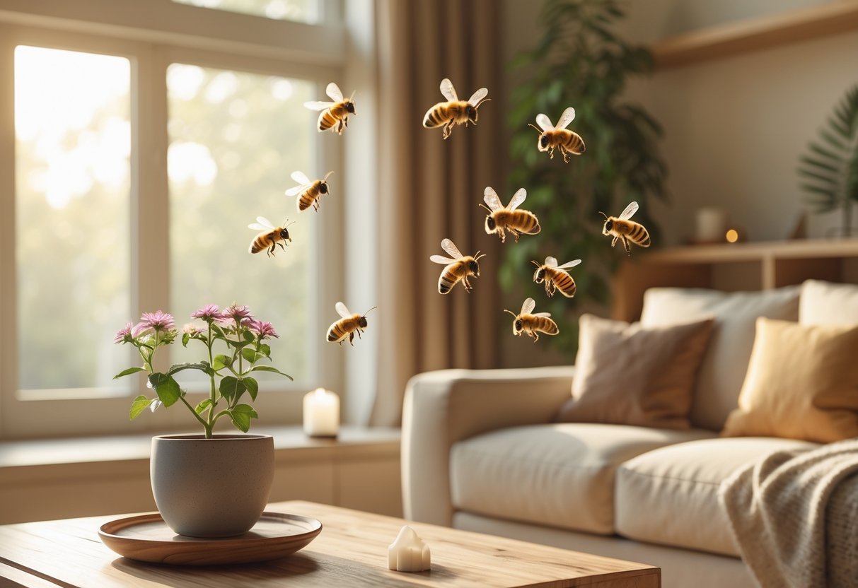 Honeybees hovering near a blooming indoor plant in a sunlit living room with warm, natural decor.