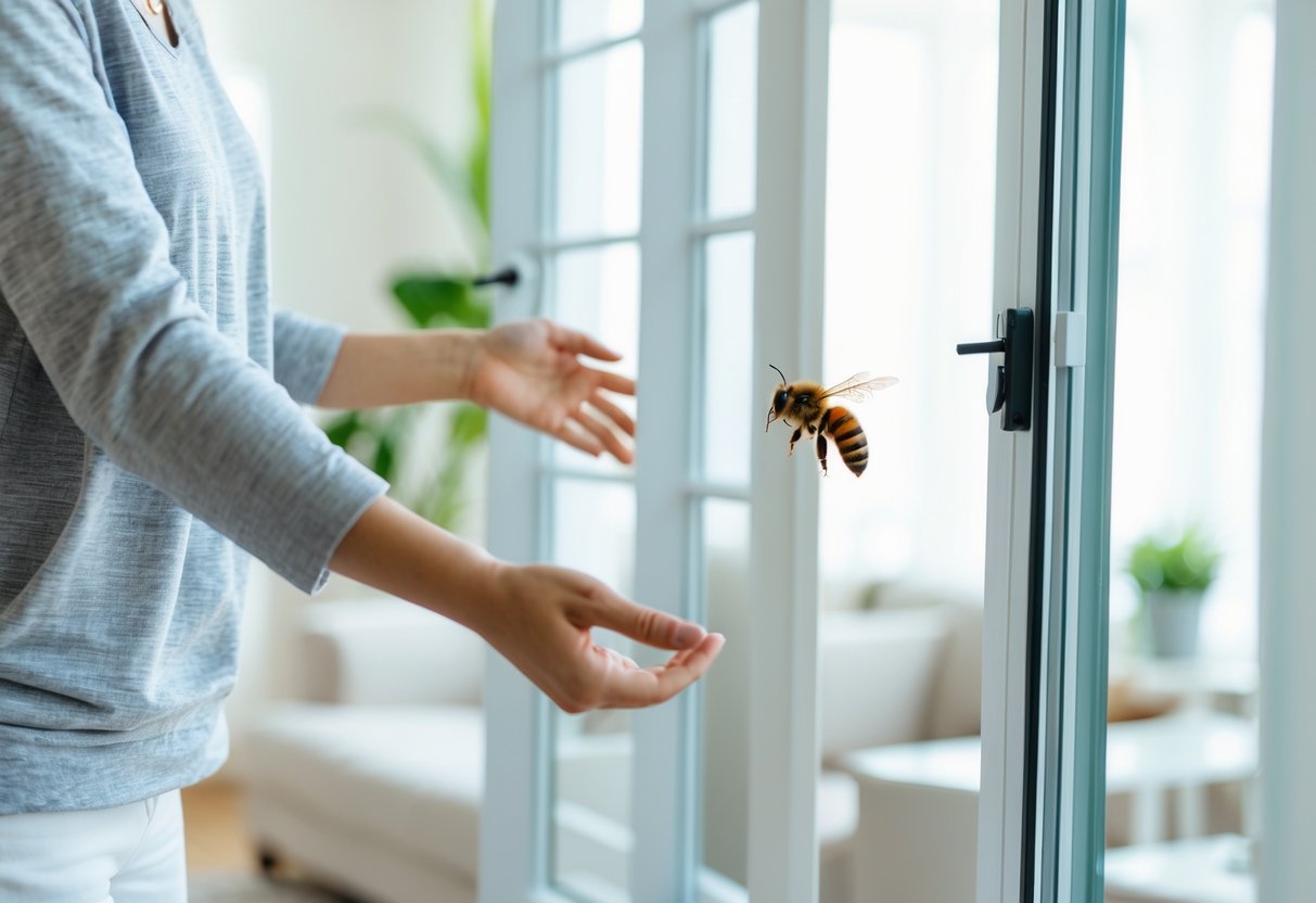 A person opening a window in a living room to let a bee fly outside.