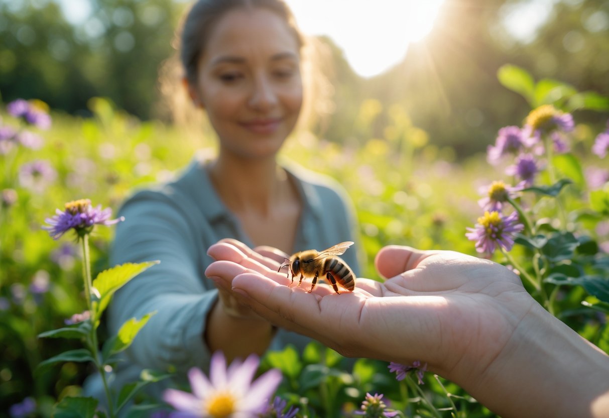 A person outdoors with a bee gently landing on their outstretched hand surrounded by flowers and greenery.