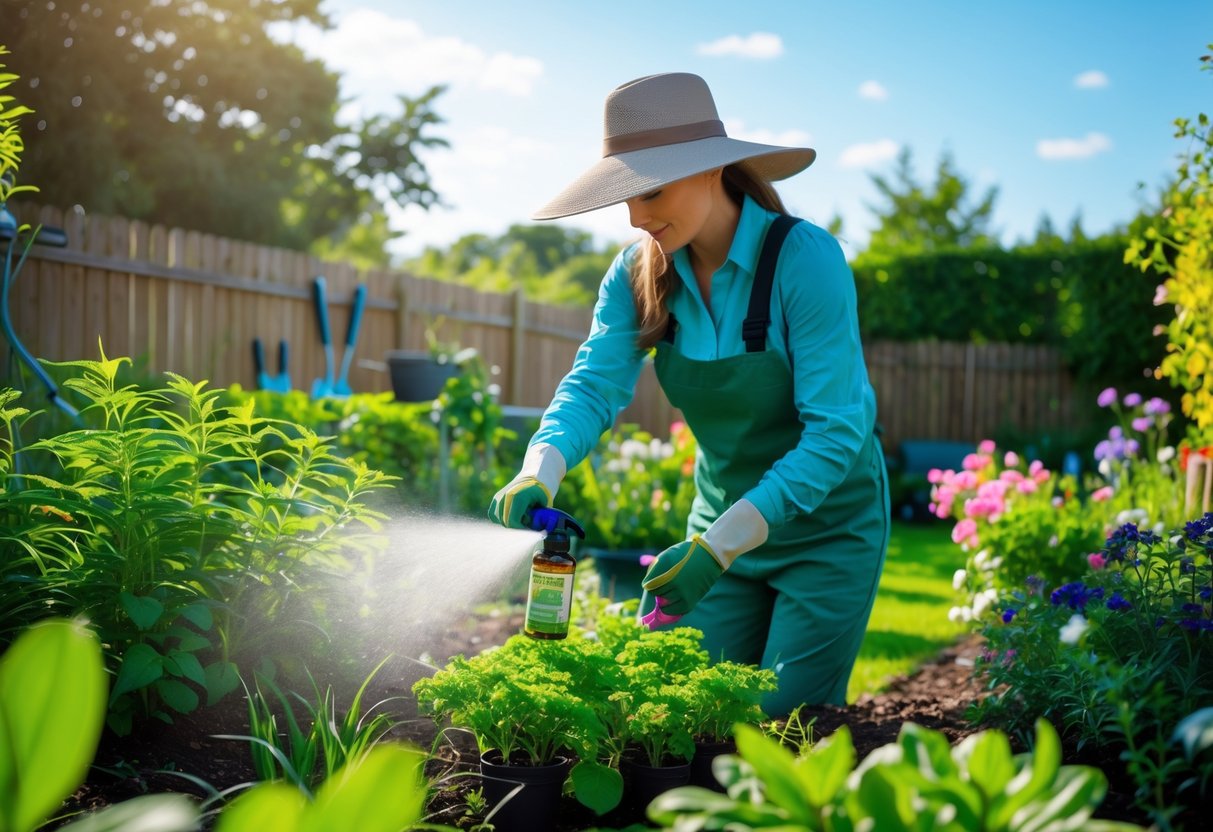 A person wearing protective clothing sprays plants in a garden to prevent insect bites.