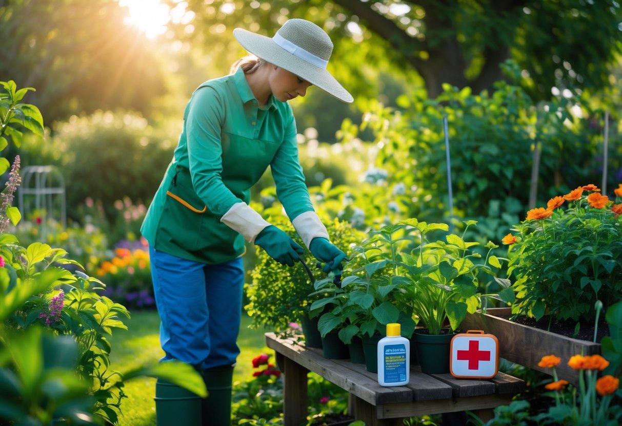 Gardener wearing protective clothing and gloves working in a sunny garden surrounded by plants and flowers.