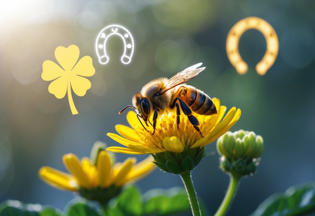 Close-up of a honeybee on a yellow flower with a four-leaf clover and horseshoe subtly visible in the background.