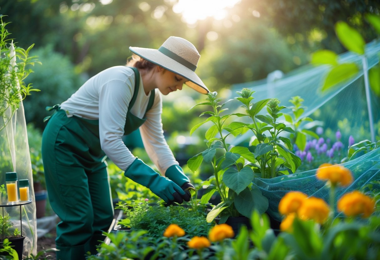 A person wearing protective clothing gardening in a green garden with natural insect repellents and mesh netting over plants.