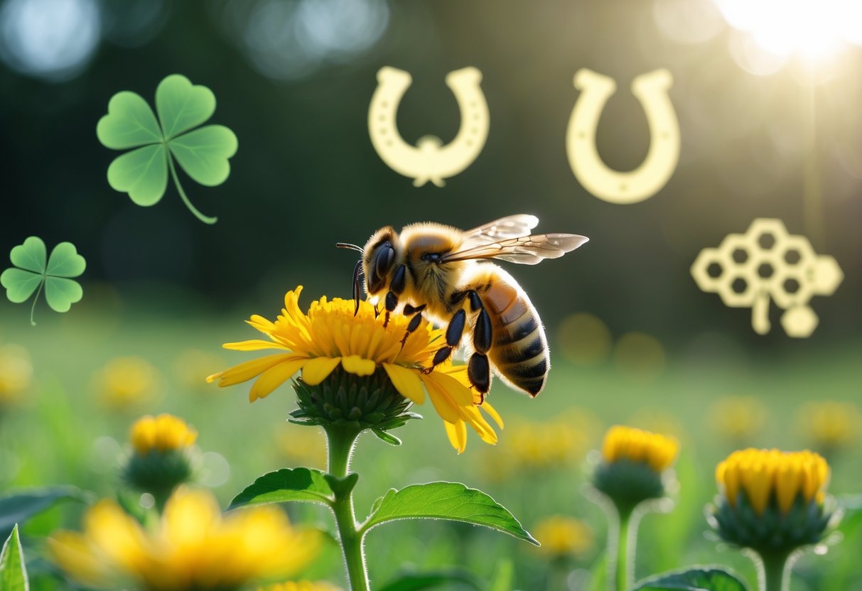 A close-up of a honeybee on a yellow flower in a sunlit meadow with faint glowing orbs and subtle symbols in the background.