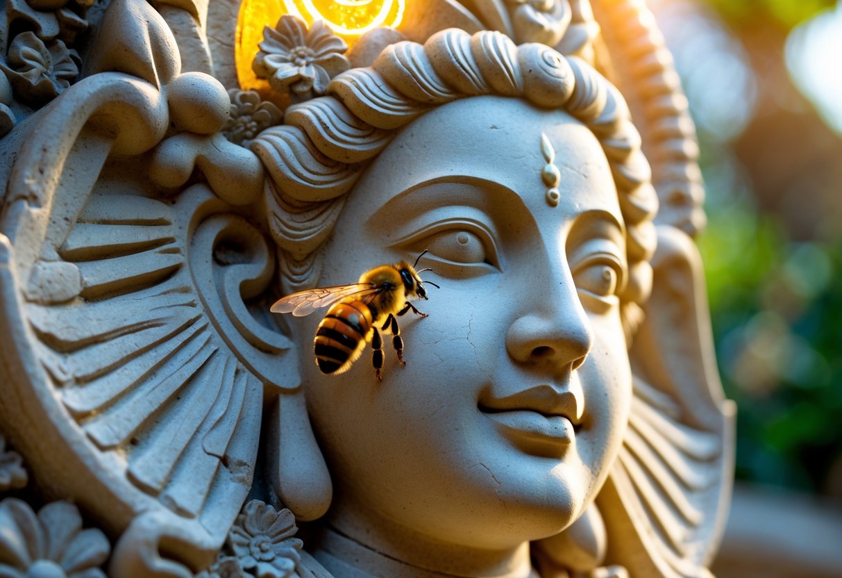 A close-up of a honeybee resting on an ancient stone carving of a deity's face in a garden setting.