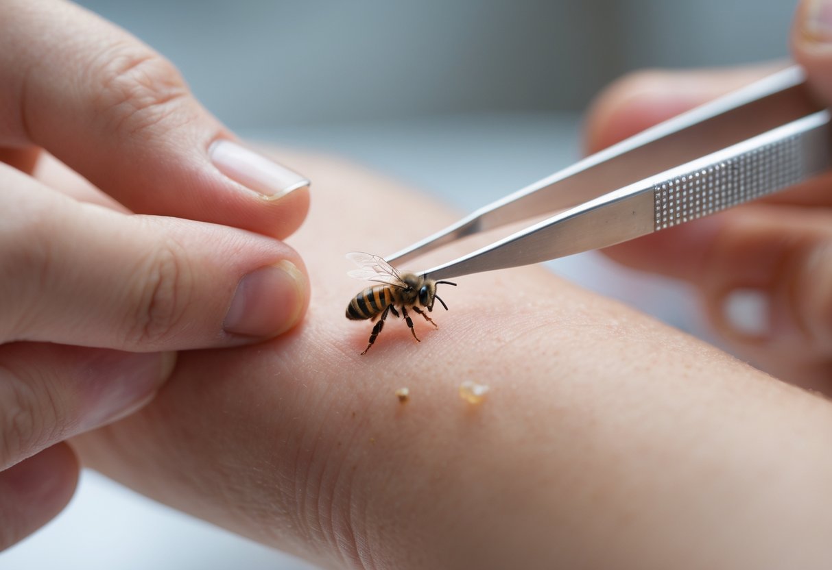 Close-up of a hand carefully removing a bee stinger from the skin using tweezers.