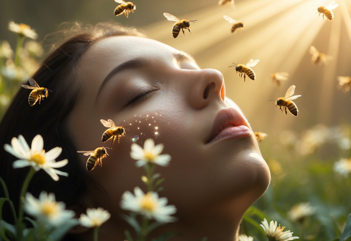 Close-up of a peaceful person with closed eyes surrounded by glowing bees and soft golden light among flowers and greenery.