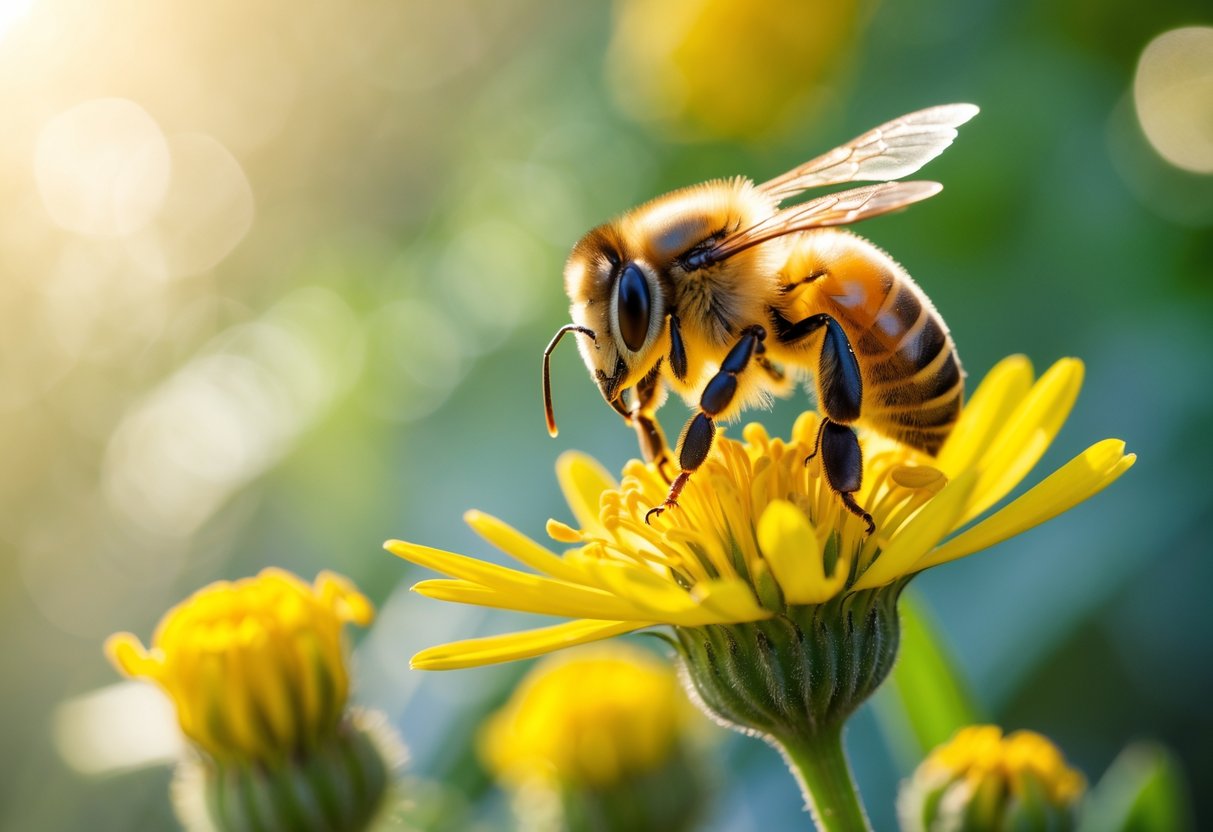 A close-up of a honeybee sitting on a yellow flower with green leaves in the background.