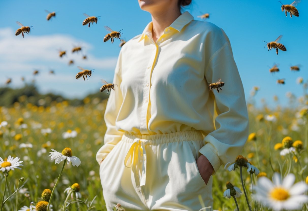 Person wearing light-colored clothes standing calmly in a meadow with bees flying nearby.