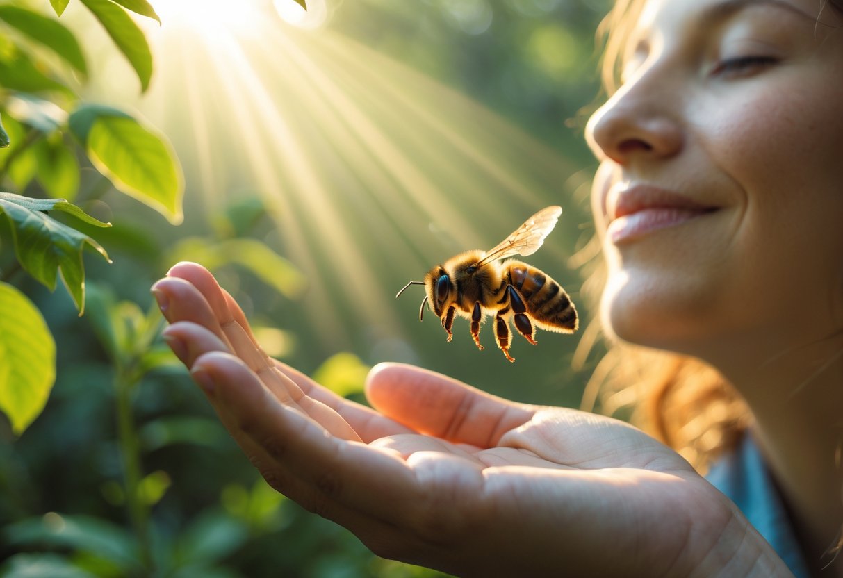 A person outdoors with eyes closed, smiling gently as a bee lands on their hand in a sunlit natural setting.