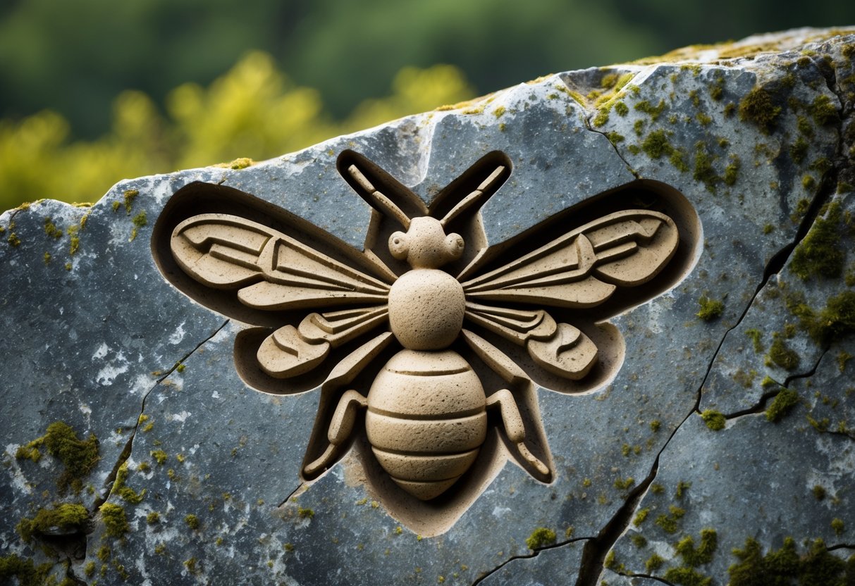 Close-up of an ancient carved stone symbol depicting a bee with geometric wings.