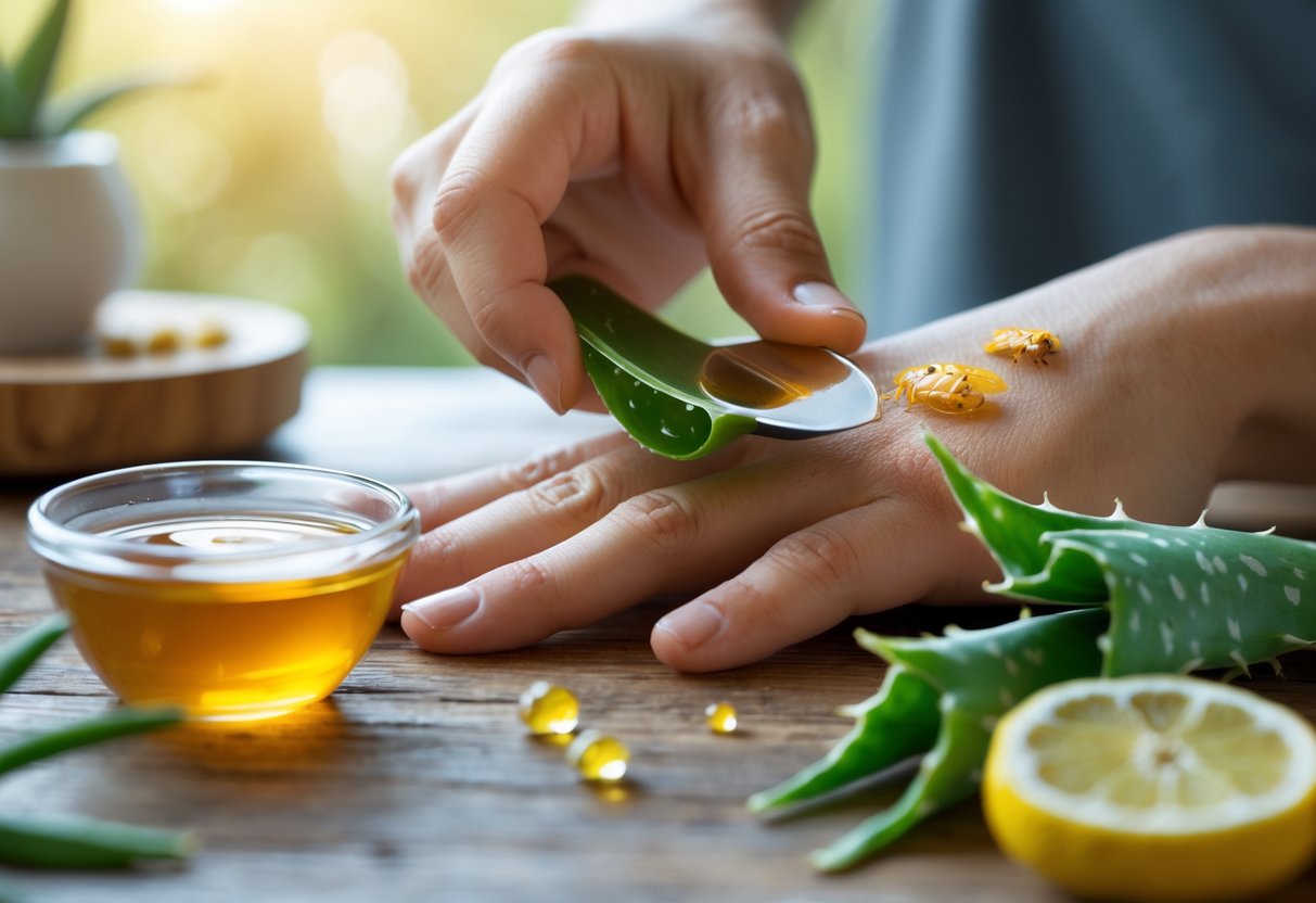 A hand applying a natural remedy to a bee sting on the skin with honey, aloe vera, and lemon nearby on a table.