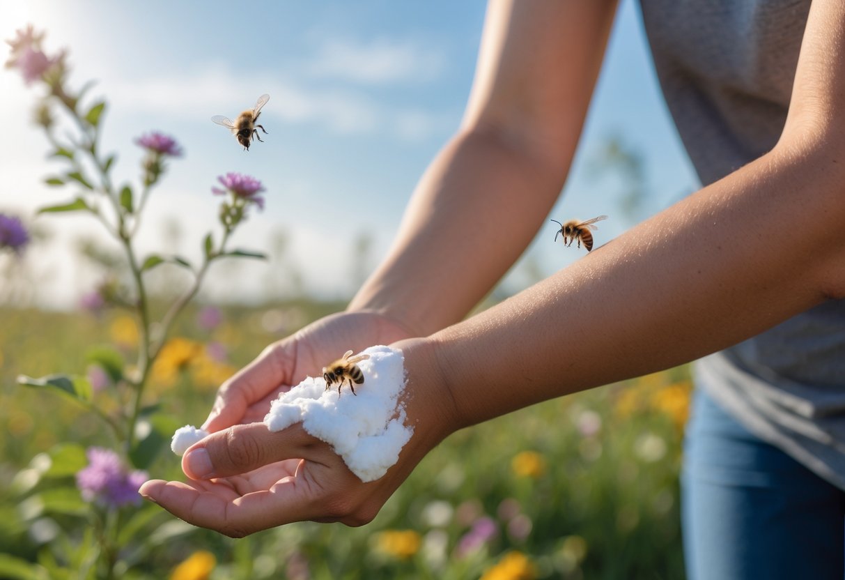 A person outdoors applying a natural remedy to a bee sting on their arm.