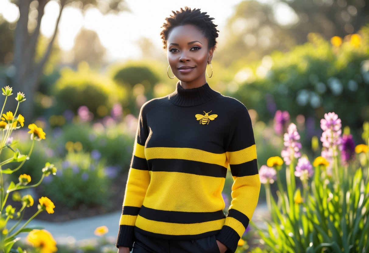 A person wearing a black and yellow striped sweater standing in a garden with flowers and greenery.