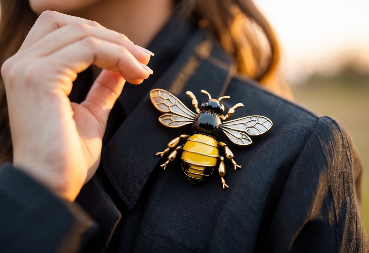Close-up of a person wearing a detailed bee-shaped accessory on their clothing, with their hand gently touching it.