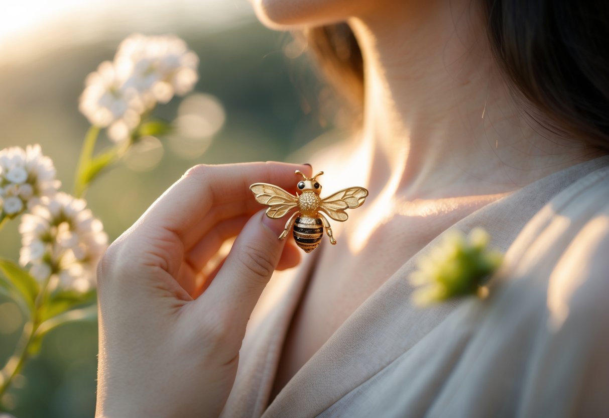 Close-up of a person wearing a bee-shaped brooch on their clothing with blurred flowers and greenery in the background.