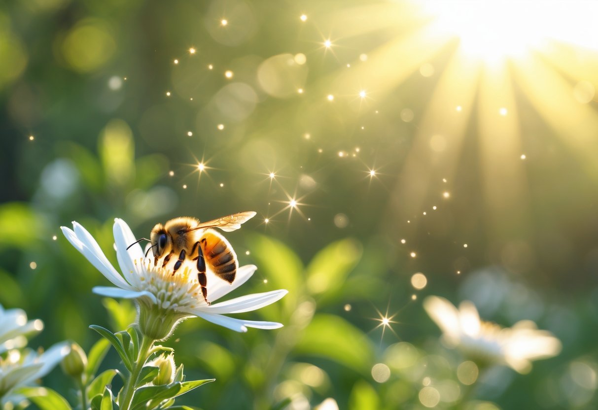 A close-up of a honeybee resting on a white flower with sunlight filtering through green leaves in the background.