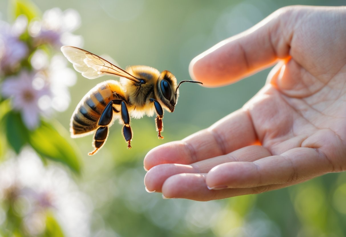 A honeybee flying close to an open human hand with flowers and greenery in the background.