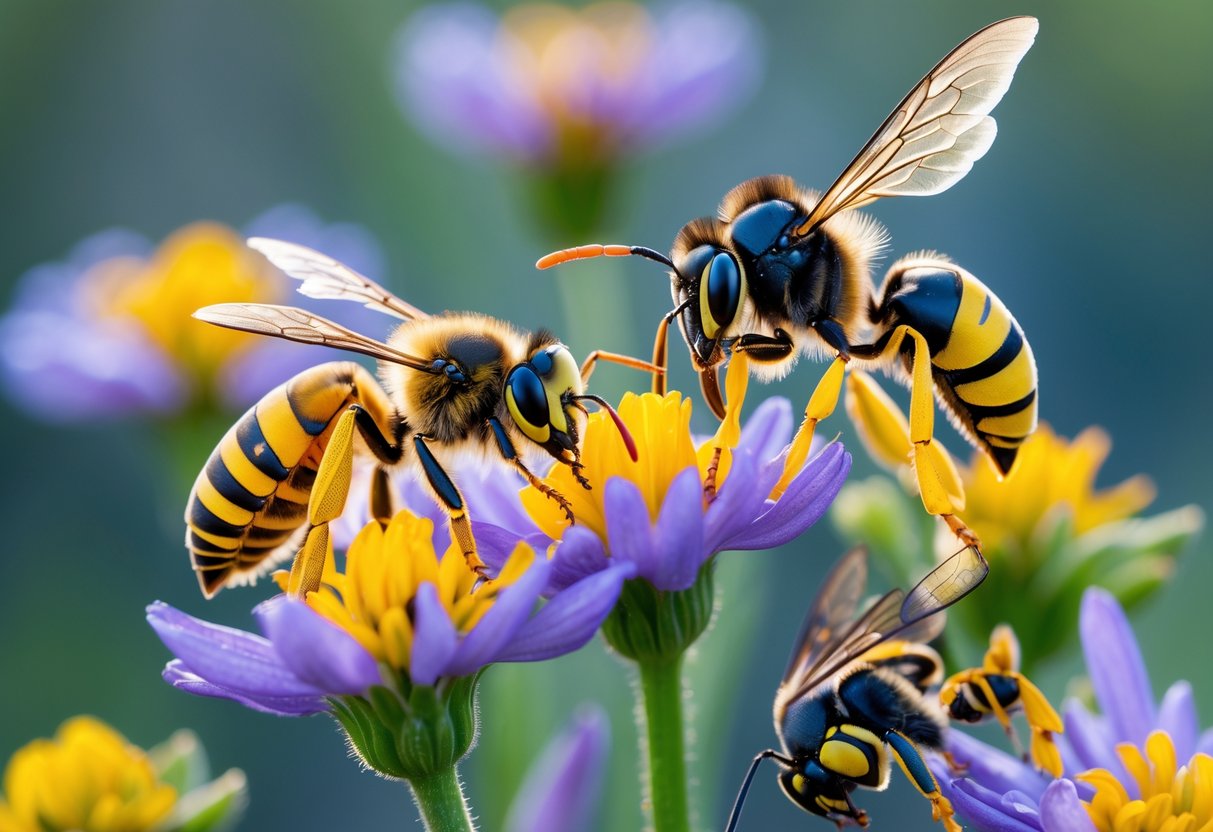 Close-up of a honeybee, wasp, and hornet on colorful flowers outdoors.