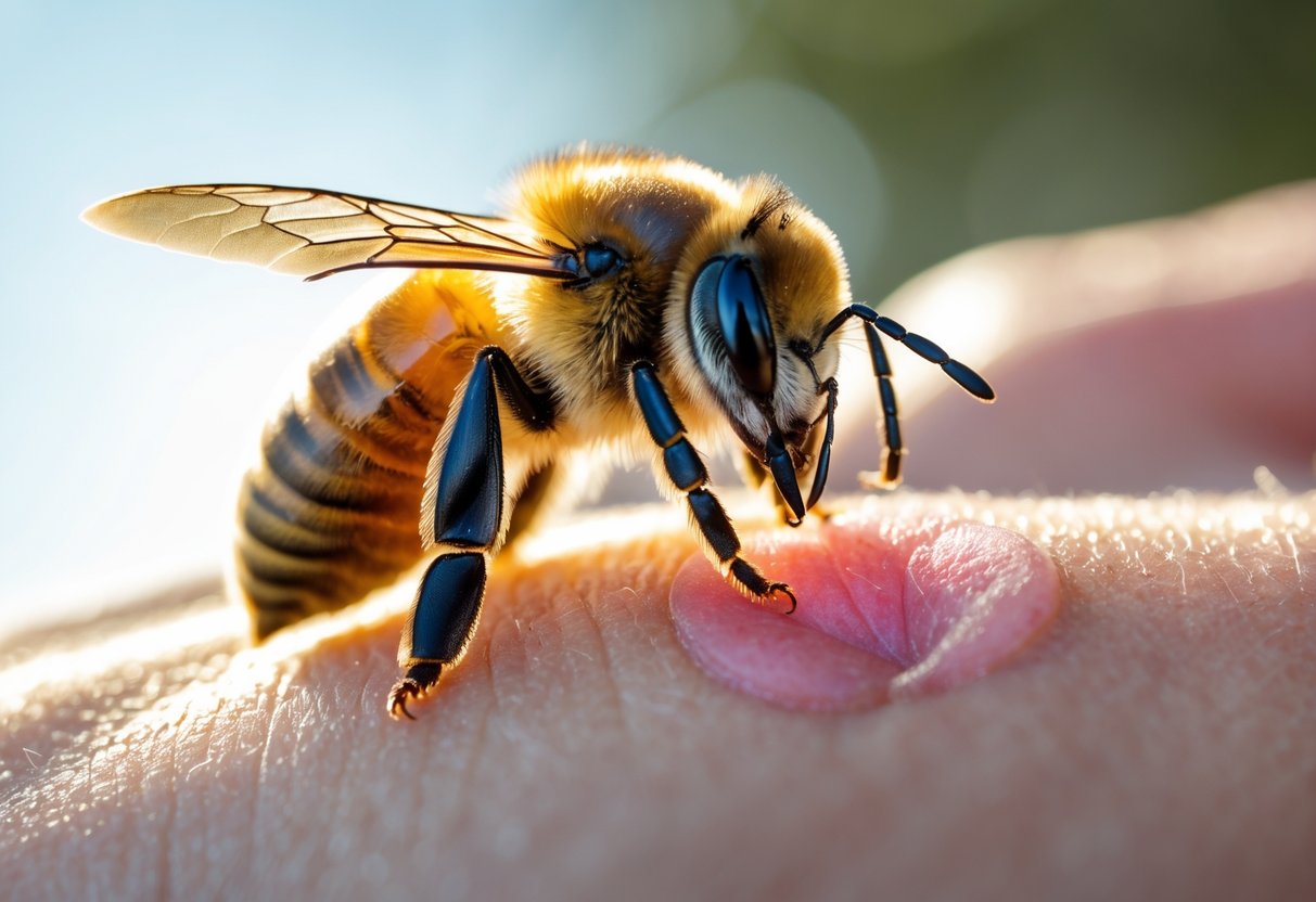 A close-up of a honeybee stinging a person's skin, showing slight redness around the sting site.