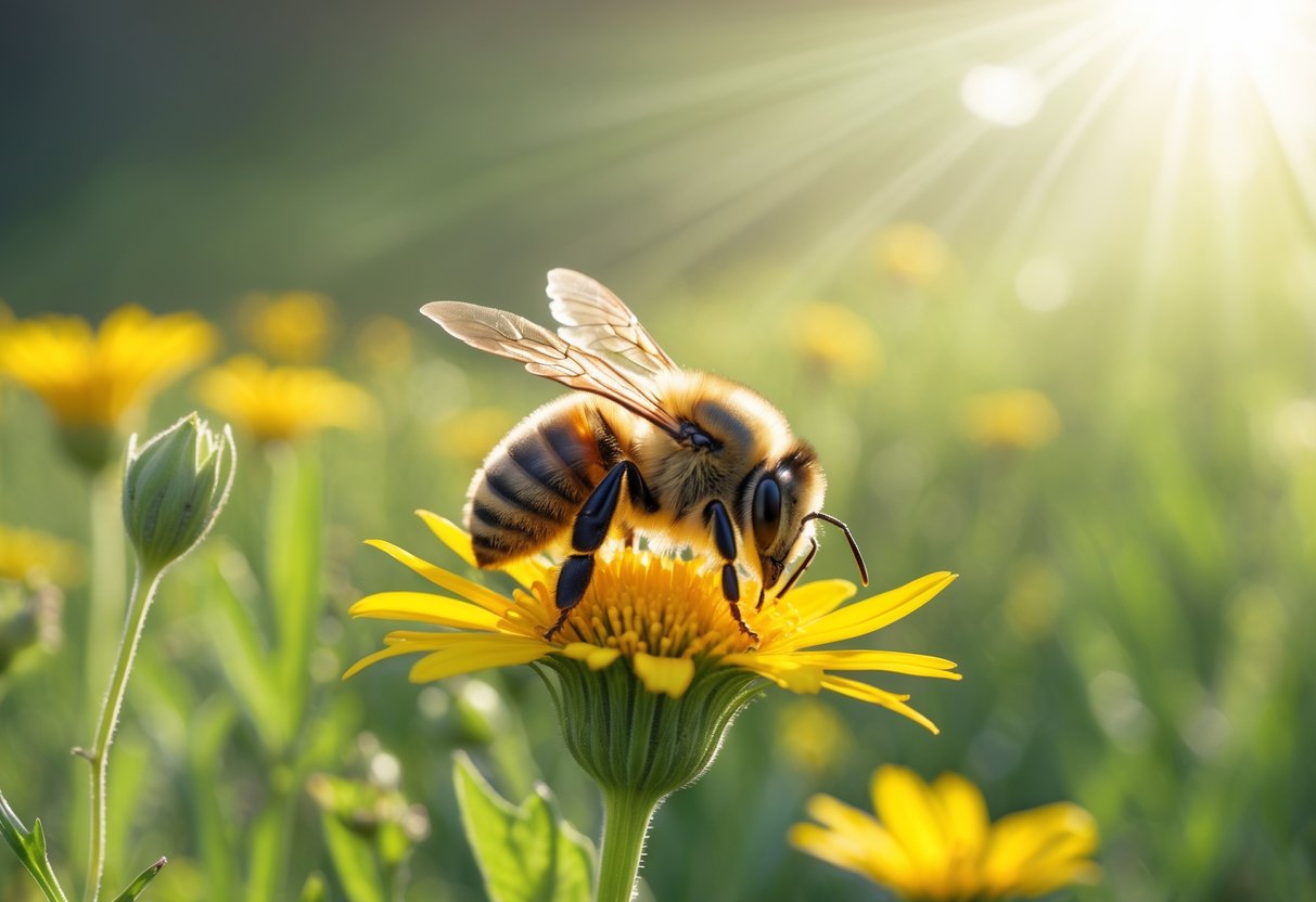 A bee sitting on a yellow flower in a sunlit meadow with blurred greenery in the background.