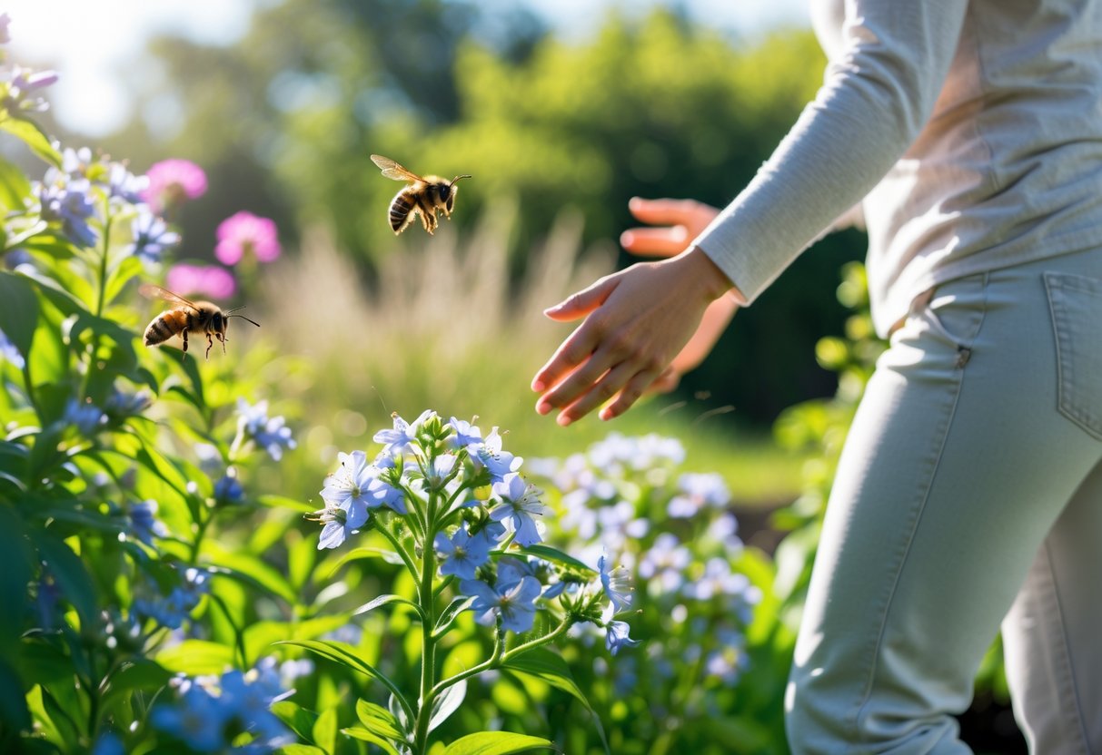 A person in light clothing calmly moves away from flowers with a bee and a wasp hovering nearby in a sunny garden.