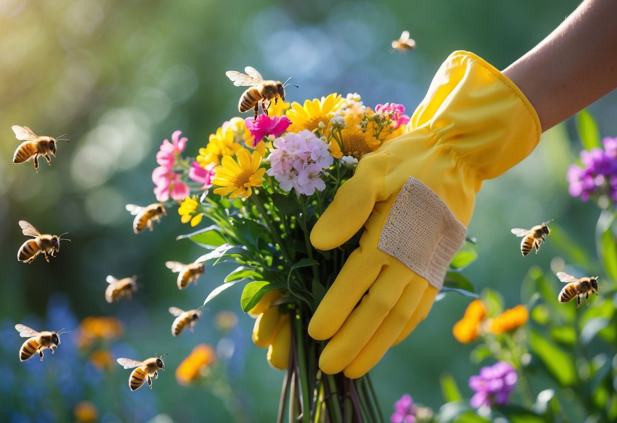 A hand wearing bright yellow gloves holding flowers with bees flying nearby but avoiding the gloves in a garden.