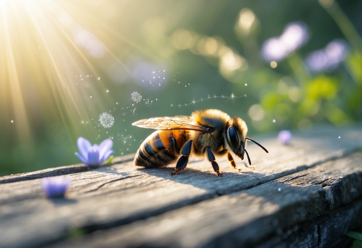 A dead bee resting on a wooden surface with soft light and blurred flowers in the background.