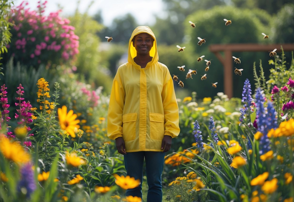 A person wearing bright yellow clothes standing in a garden with bees flying around flowers but avoiding the person.