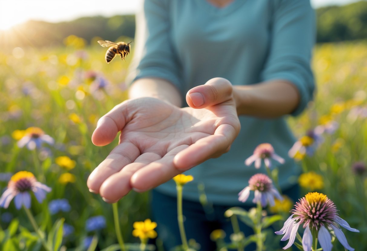 A person standing calmly in a meadow with a honeybee hovering near their outstretched hand.