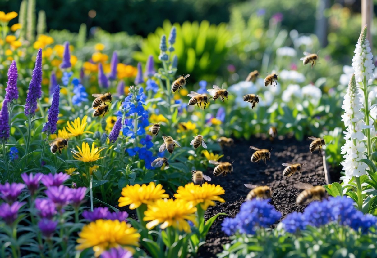 A garden with colorful flowers attracting bees and a section with white and green plants where bees are absent.