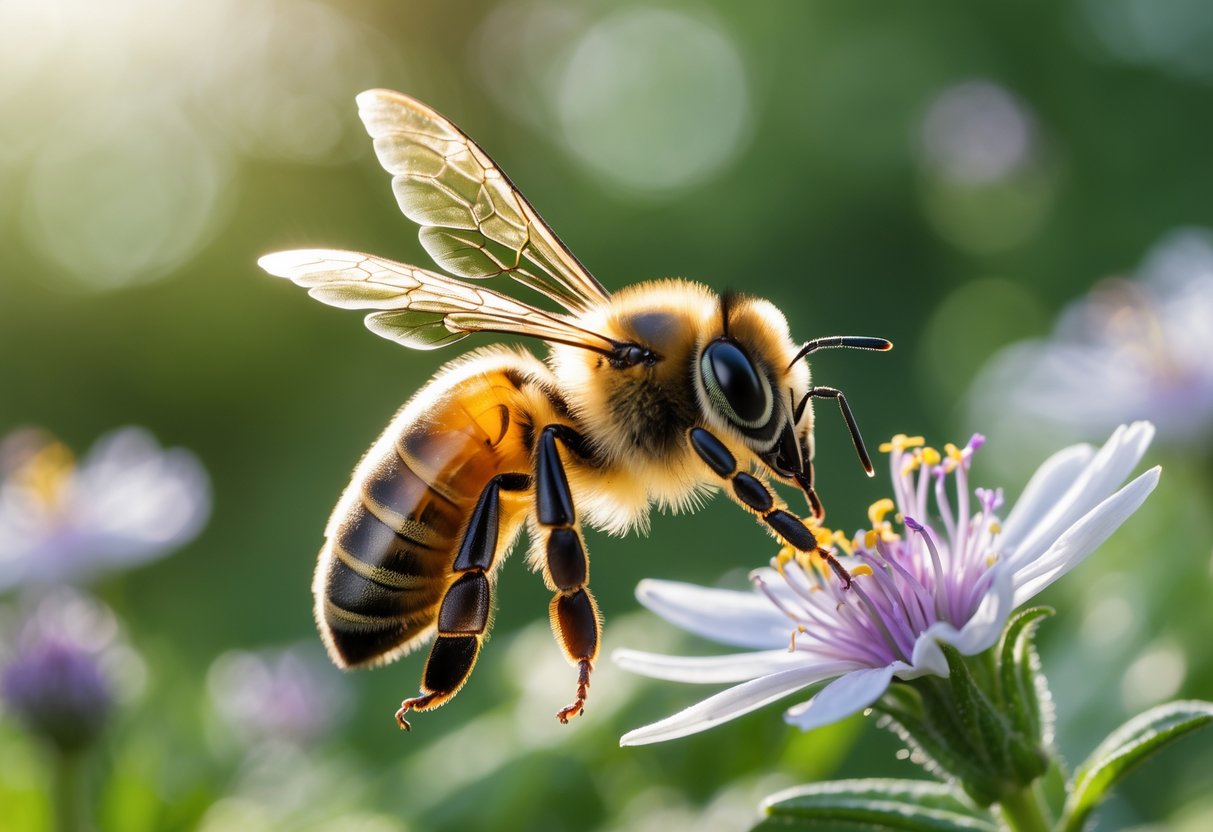 A honeybee flying away from a flower after stinging it in a garden.