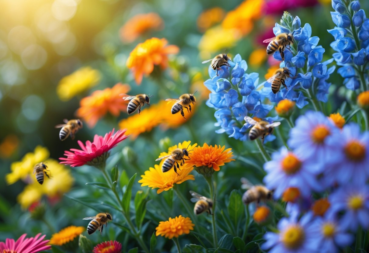 Close-up of colorful flowers with bees on yellow, orange, and red blooms, while blue and purple flowers have no bees.