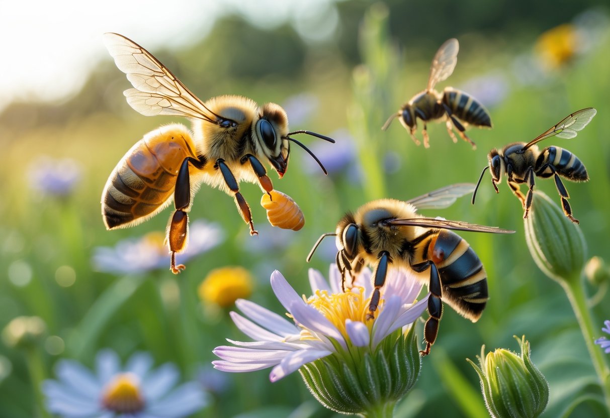 Close-up of different bee species and a wasp on flowers, with a honeybee flying away after stinging a flower.