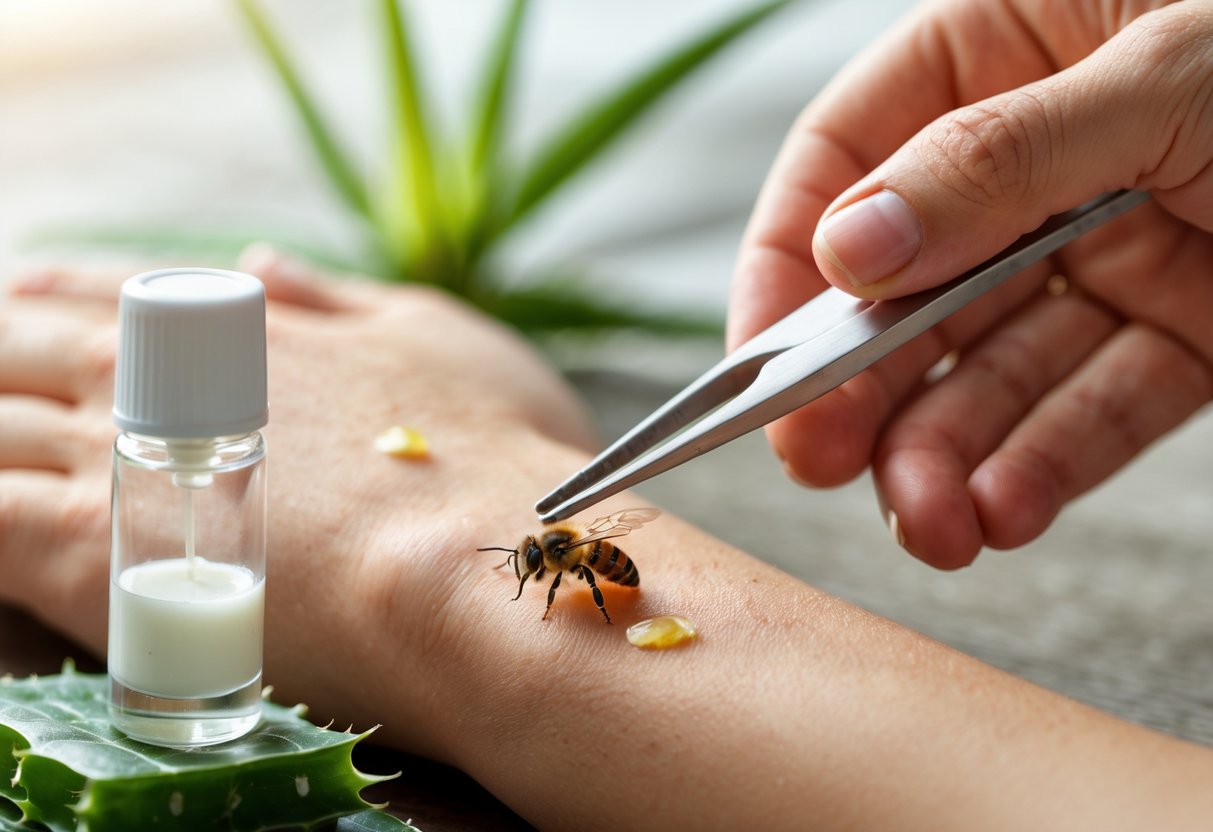 A person removing a bee sting from their hand with tweezers next to antiseptic cream and an aloe vera leaf.