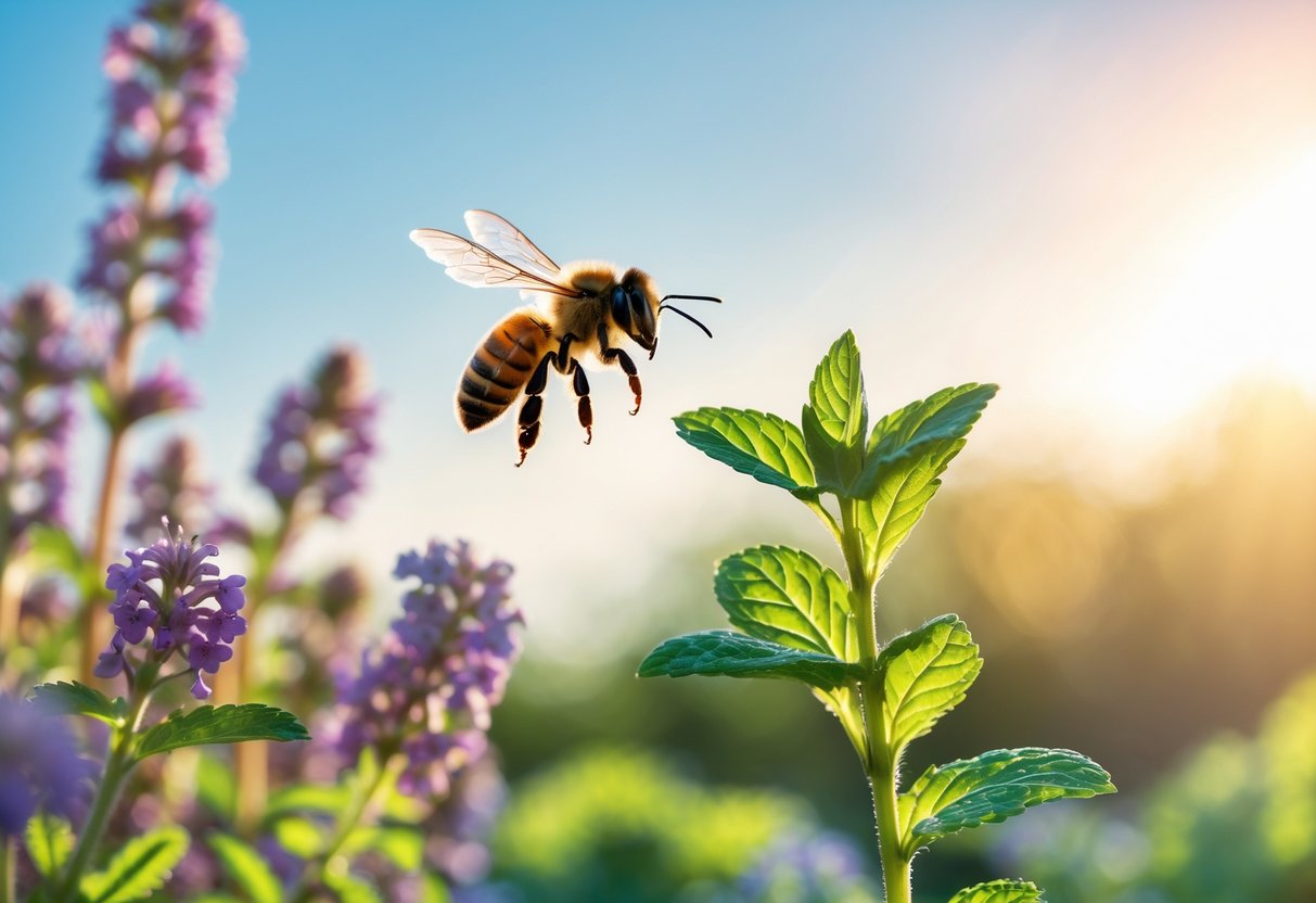 A honeybee flying near flowers with mint leaves visible nearby in a garden setting.
