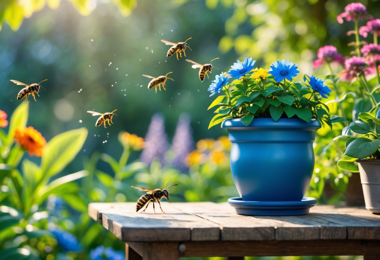 A blue flower pot on a wooden table outdoors with wasps flying nearby but avoiding the pot.
